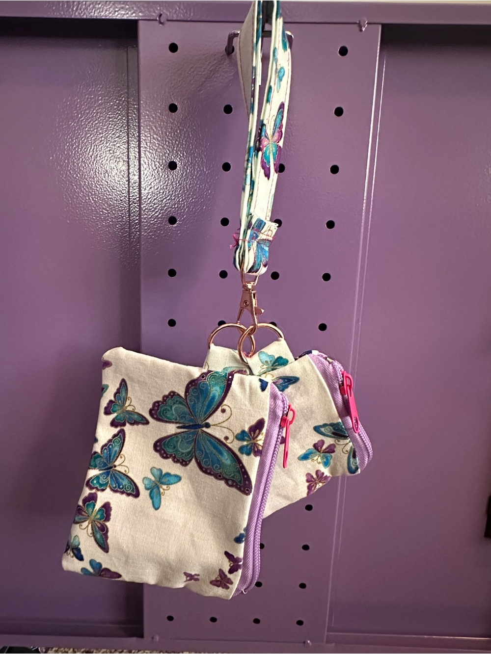 Butterfly Double Zip Wristlet Pouch - Teal & Purple
